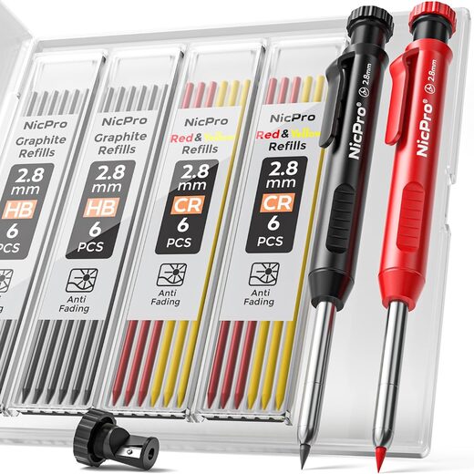 Nicpro Carpenter Pencil with Sharpener, Mechanical Pencil Set with 26 Refills
