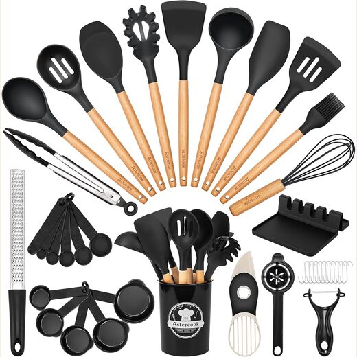 Astercook 39 PCS Kitchen Utensils Set, Silicone with Wooden Handles