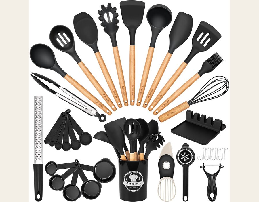 Astercook 39 PCS Kitchen Utensils Set, Silicone with Wooden Handles