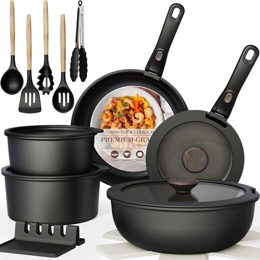 Astercook 21 Pcs Pots and Pans Set Non Stick, Ceramic, Detachable Handle