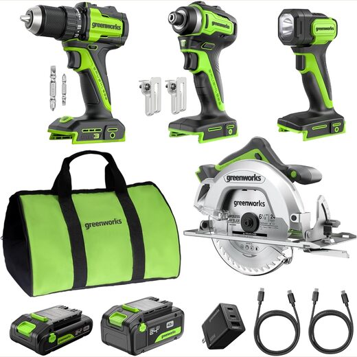 GREENWORKS 24V Combo, 1/2 inch Drill, 1/4 inch Impact Driver, Circular Saw