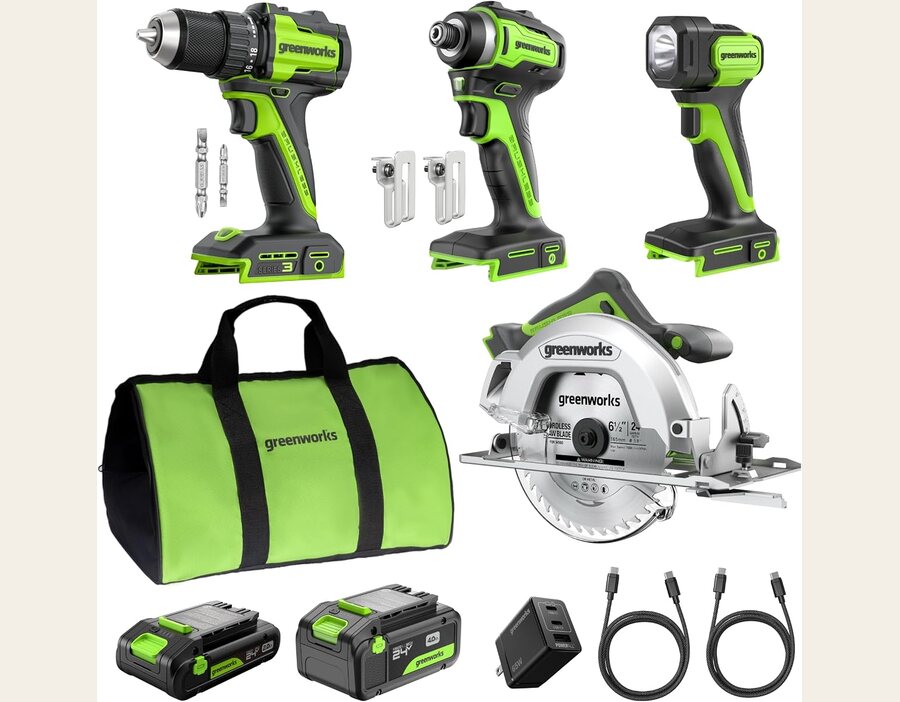 GREENWORKS 24V Combo, 1/2 inch Drill, 1/4 inch Impact Driver, Circular Saw