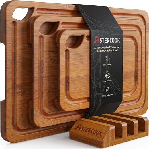 Astercook Deep-Carbonized Bamboo Cutting Boards with Wood Storage Stand