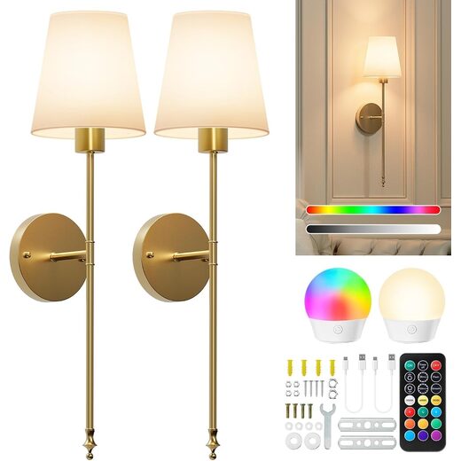 Brightown Battery Operated Wall Sconces Set of Two, Gold Wall Decor