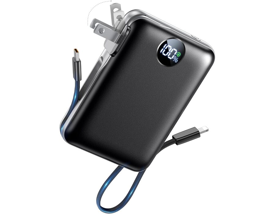 Portable Charger Power Bank 10000mAh with Built-in Cables and AC Plug
