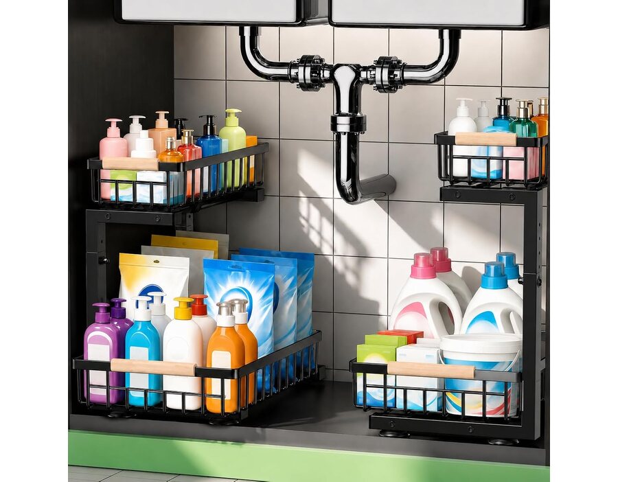 Under Sink Organizer 2 Pack, Double Slide Out Metal Shelf, Black
