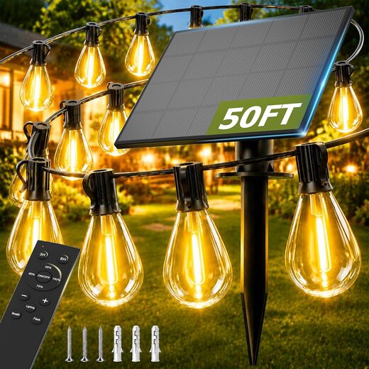 50FT Solar String Lights Outdoor, Dimmable Patio Lights Solar Powered